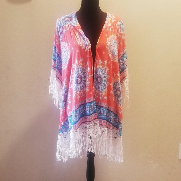 👘 Umgee Orange Fringe Kimono - Picture 1 of 5